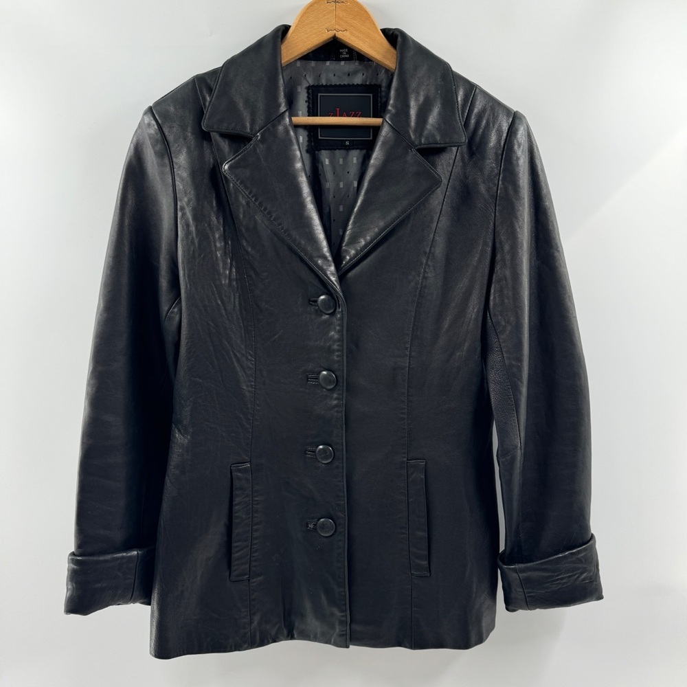 ZJazz Genuine Leather Coat Black Size Small Vintage Button-Up